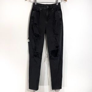 American Eagle Ripped Distressed Black Denim Mom Jeans Womens 000 Regular